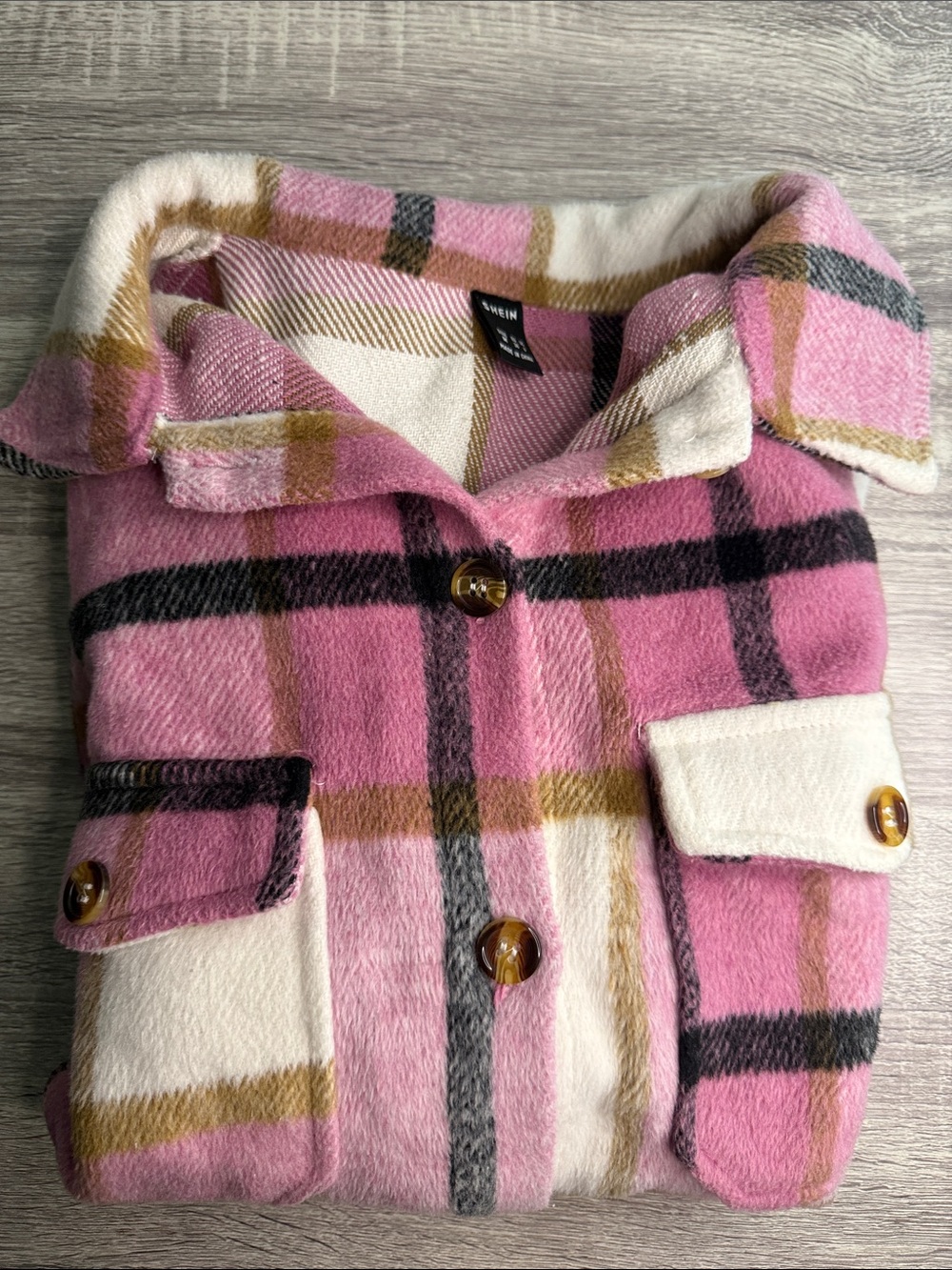 SHEIN Pink Plaid Button-Up Shacket with Tan Accents